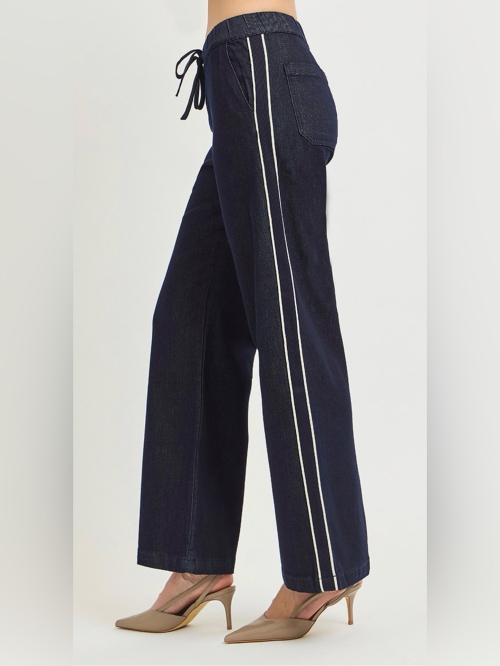 142. RISEN Dark Denim Wide Leg Denim Pants with White Side Stripes NEW - Picture 2 of 4